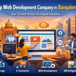 Illustration showing a web development company in Bangalore with professionals working on a website. The background features the Bangalore skyline with landmarks like Vidhana Soudha. Icons for Web Design, E-Commerce, Web Development, and SEO are displayed in the foreground.