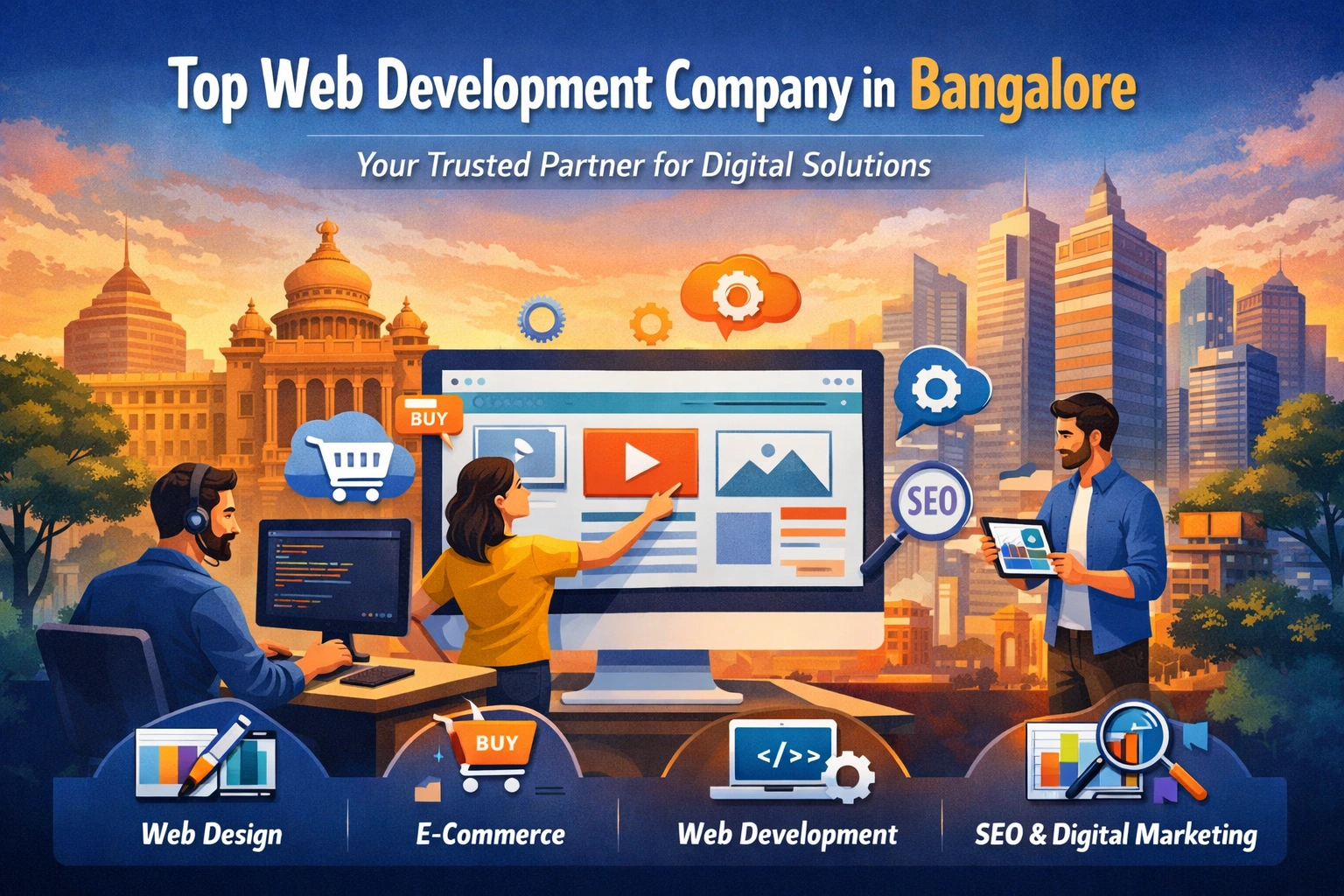 Illustration showing a web development company in Bangalore with professionals working on a website. The background features the Bangalore skyline with landmarks like Vidhana Soudha. Icons for Web Design, E-Commerce, Web Development, and SEO are displayed in the foreground.