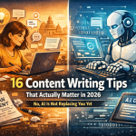 Digital marketing agency in Bangalore explaining content writing tips with human vs AI content comparison illustration