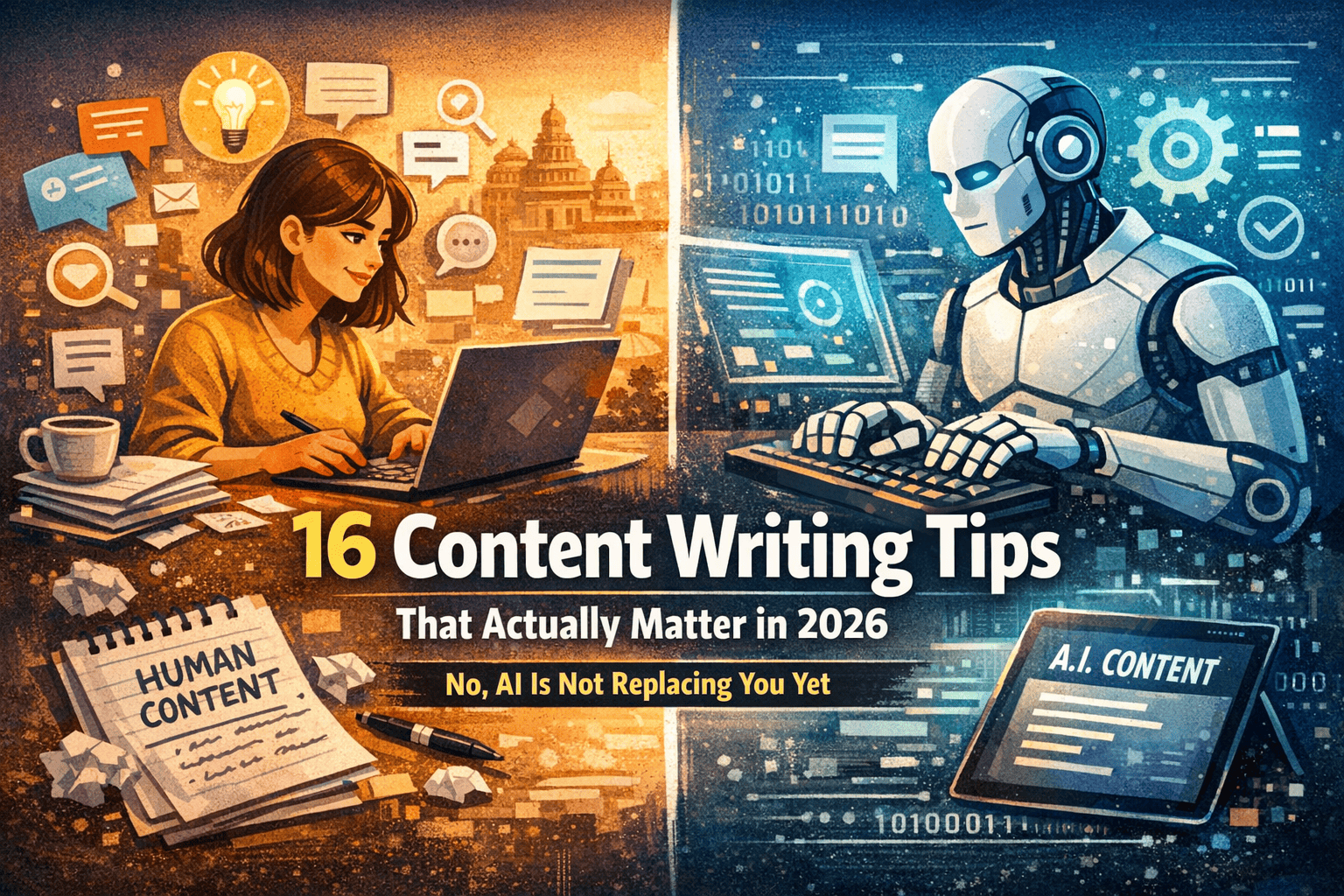 Digital marketing agency in Bangalore explaining content writing tips with human vs AI content comparison illustration