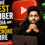 Young Indian YouTuber sitting in front of a laptop with a YouTube logo in the background and text about building a multi-crore empire as the richest YouTuber in India.